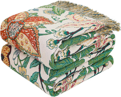 Boho Throw Blanket - 100% Cotton Soft Summer Throw Blanket for Bed, 50"x60" Reversible Breathable Lightweight Blankets, All Seasons Farmhouse Decor Floral Plant Butterfly Throw Quilt
