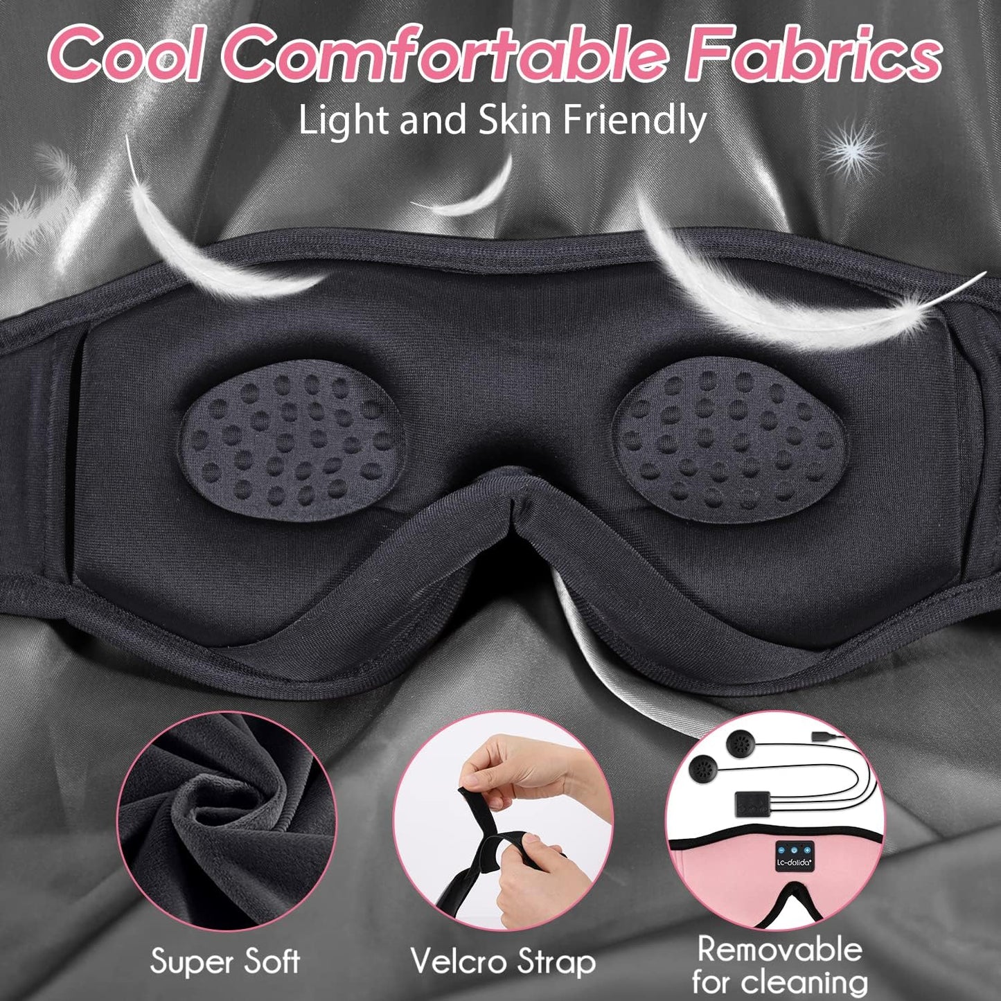LC-dolida Sleep Headphones, 3D Sleep Mask Bluetooth Wireless Music Eye Mask, Sleeping Headphones for Side Sleepers Sleep Mask with Bluetooth Headphones Ultra-Thin Stereo Speakers Perfect for Sleeping