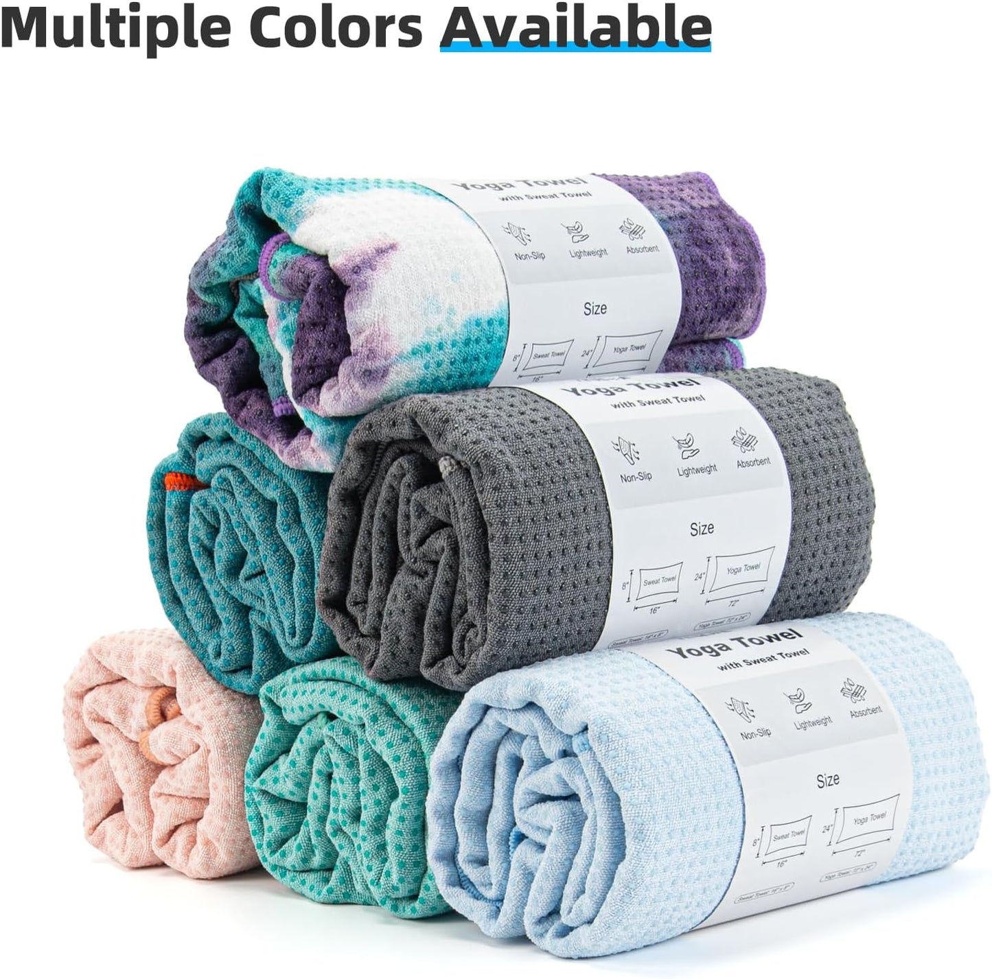YESLIFE Non-Slip Extra Thick Hot Yoga Towel with One Sweat Towel, Microfiber Sweat Absorbent Yoga Mat Towel with Grip Dot, Pilates Mat, 72" x 24", Light Blue