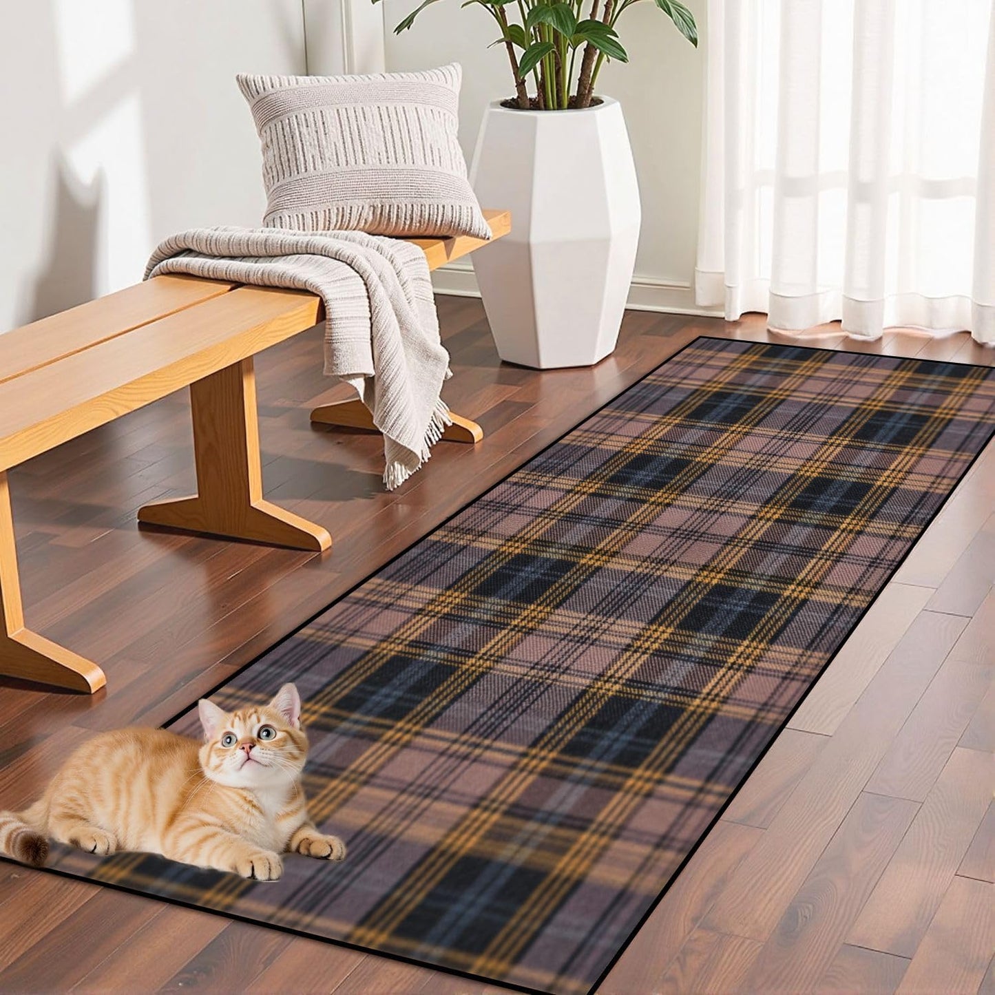 Runner Rug Washable 2x6 White Navy Blue Green Tartan Plaid Scottish Texture from Tartan Plaid Non-Slip Hallway Area Rug Indoor Outdoor Home Decor for Entryway Bathroom Kitchen Carpet Yoga Floor Mat