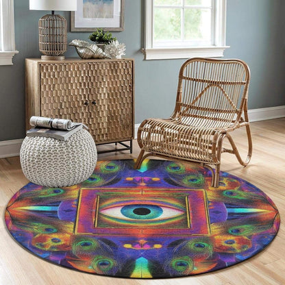 Machine Washable Modern Round Area Rug, Room Sofa Yoga Soft Round Carpet, Home Decor Non Slip Kitchen Office Circle Rug Trippy Rainbow Mushroom Tie Dye Art, 60inch