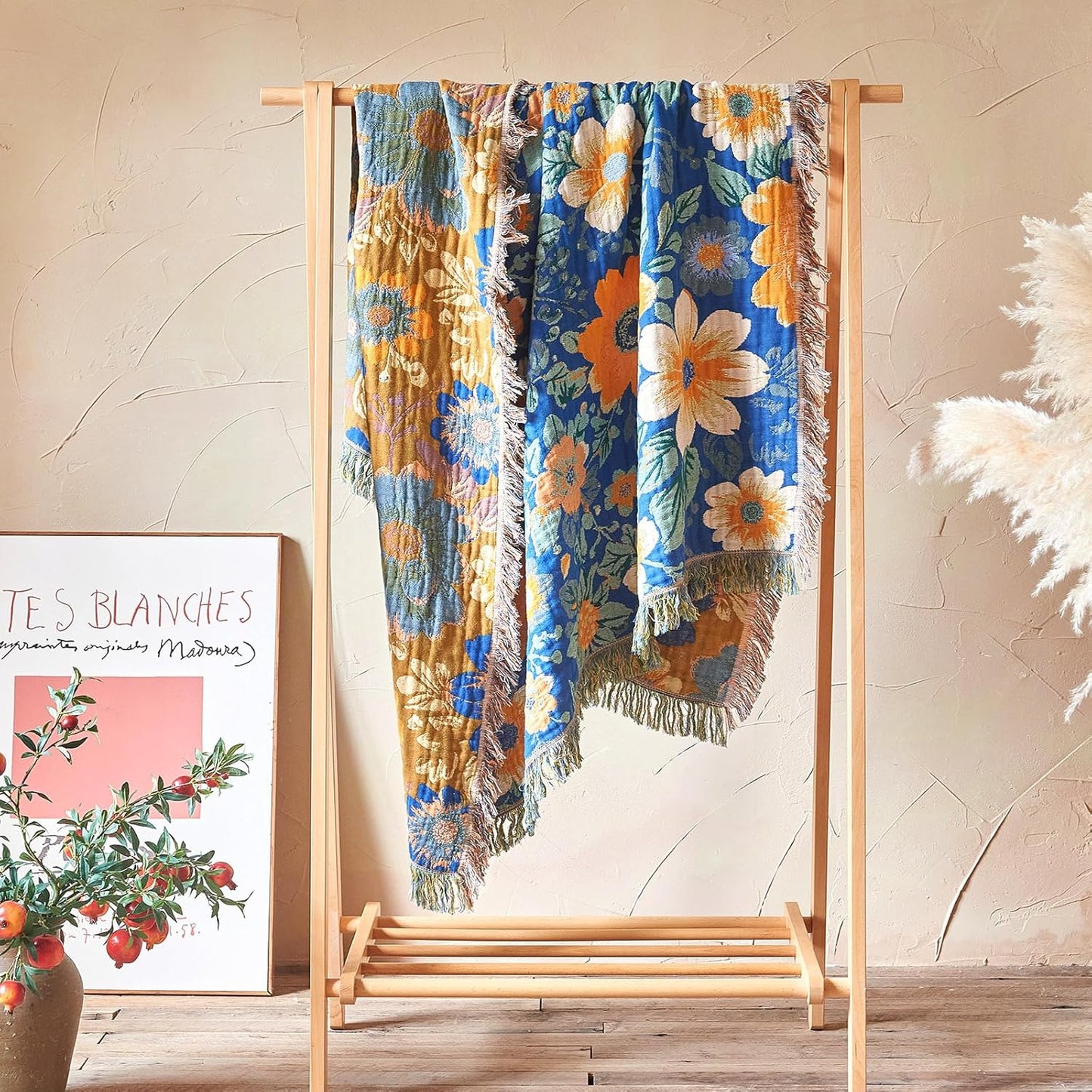 Boho Throw Blanket - 100% Cotton Soft Summer Throw Blanket for Bed, 50"x60" Reversible Breathable Lightweight Blankets, All Seasons Farmhouse Decor Floral Plant Butterfly Throw Quilt