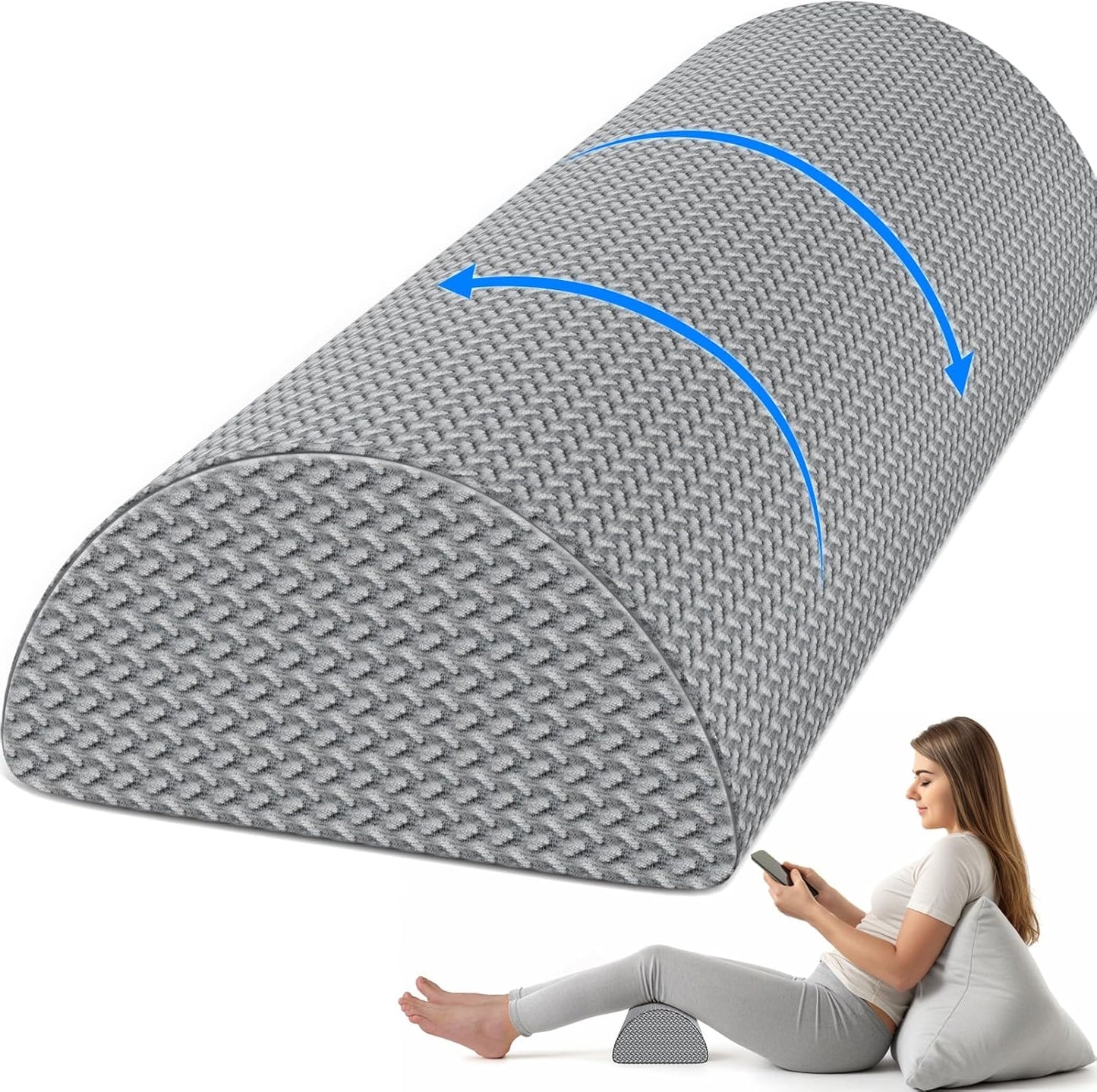 TranquilRelax Knee Pillow for Back Sleeping Memory Foam Half Moon Bolster Pillow for Legs, Under Knee Support, Ankle & Foot Comfort Orthopedic Pillow for Side Sleepers (Grey, 20.4" x 8" x 4.9")