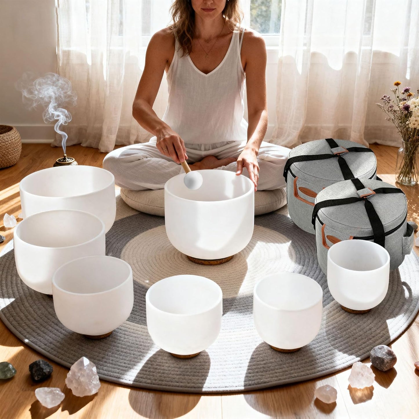 Ryan Dvan 432Hz 7"-12" Set of 7 Crystal Singing Bowl Set ¨C Gradient Color Quartz Bowls for Chakra Healing, Meditation, Sound Bath & Yoga.Sound Therapy Tools with Suede Mallets & O-Rings.