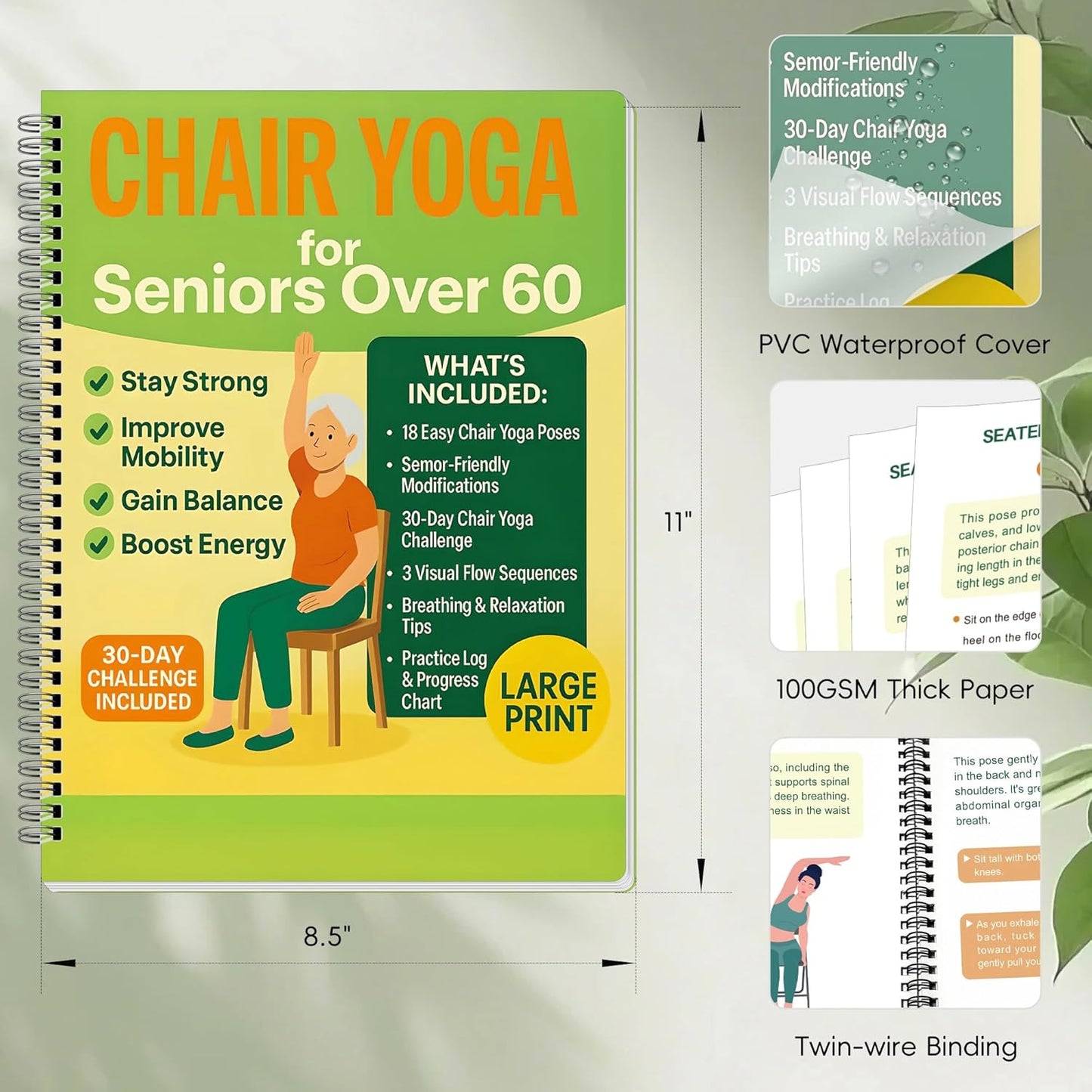 Chair Yoga for Seniors Over 60 Book & Chart – 30-Day Challenge, Gentle Seated Yoga Guide, Chair Yoga for Weight Loss & Flexibility, Senior Chair Exercises for Women & Men, 8.5x11" Book on Chair Yoga