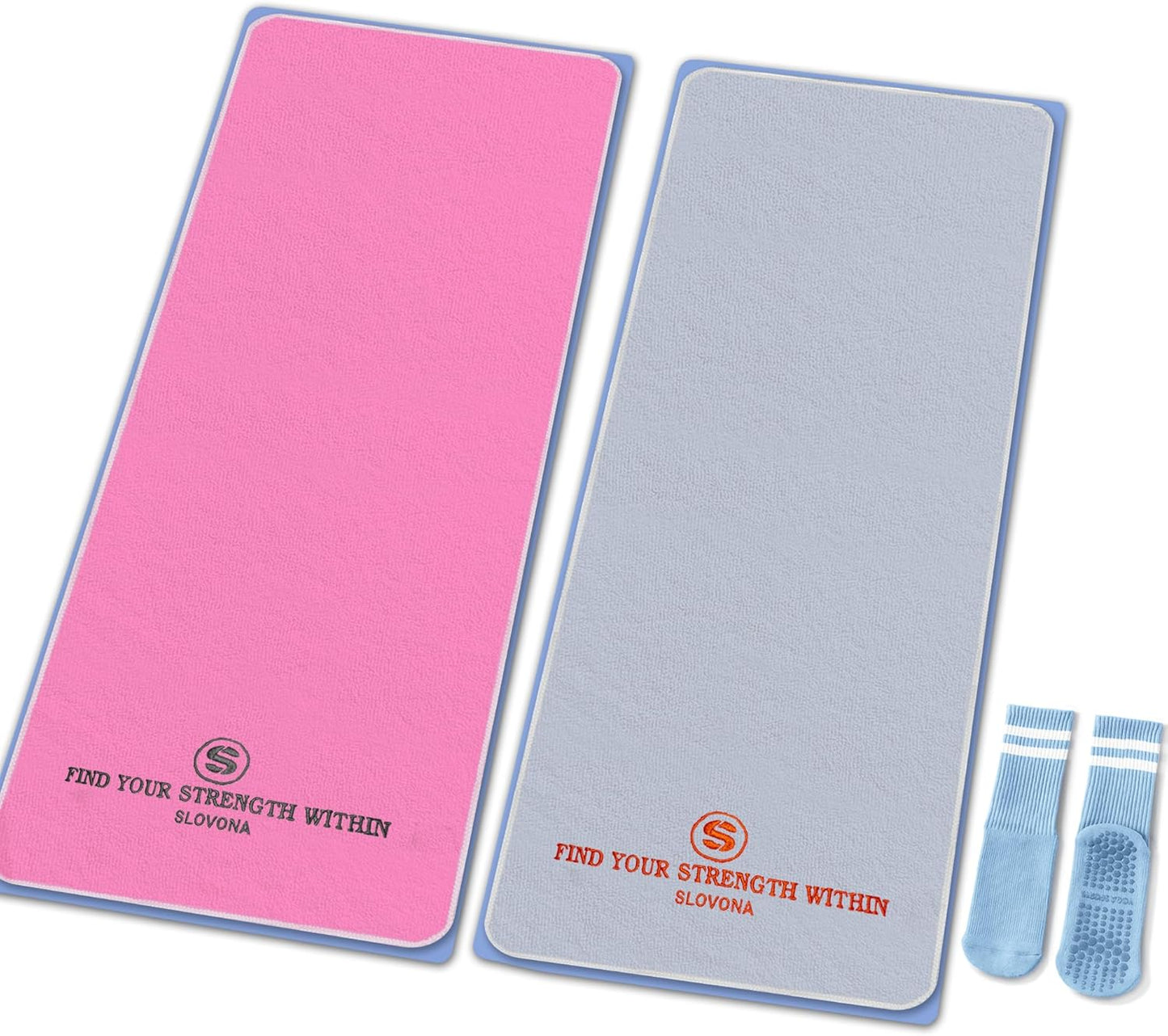 Upgraded Yoga Mat Towel with Bonus Grip Socks Elegant Embroidered Design, 1-Second Sweat Absorption & Non-Slip | Machine Washable Microfiber | Hot Yoga, Pilates | 73''*27.6'' | Orchid Purple