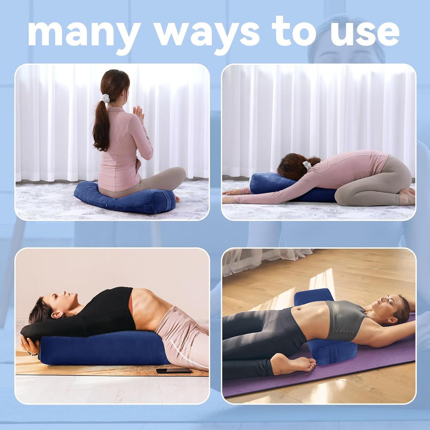 ROYALAY 2 Pcs Yoga Bolster Pillow for Restorative Yoga, Rectangular and Cylinder Meditation Pillow Set with Carrying Handles, Supportive Cushion for Exercise Workout Stretching Meditation,Dark Blue