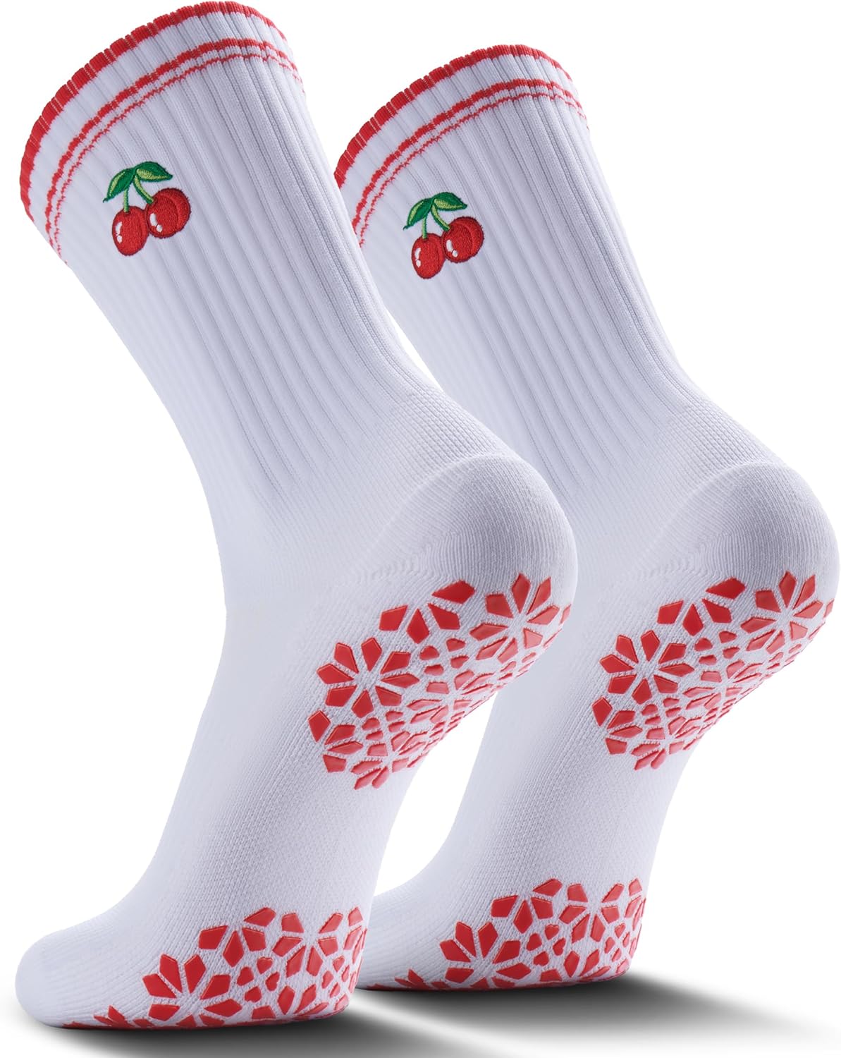 Pilates Grip Socks for Women - Embroidery Athletic Crew, Non-Skid Sticky Soles for Yoga, Barre, Workout & Hospital