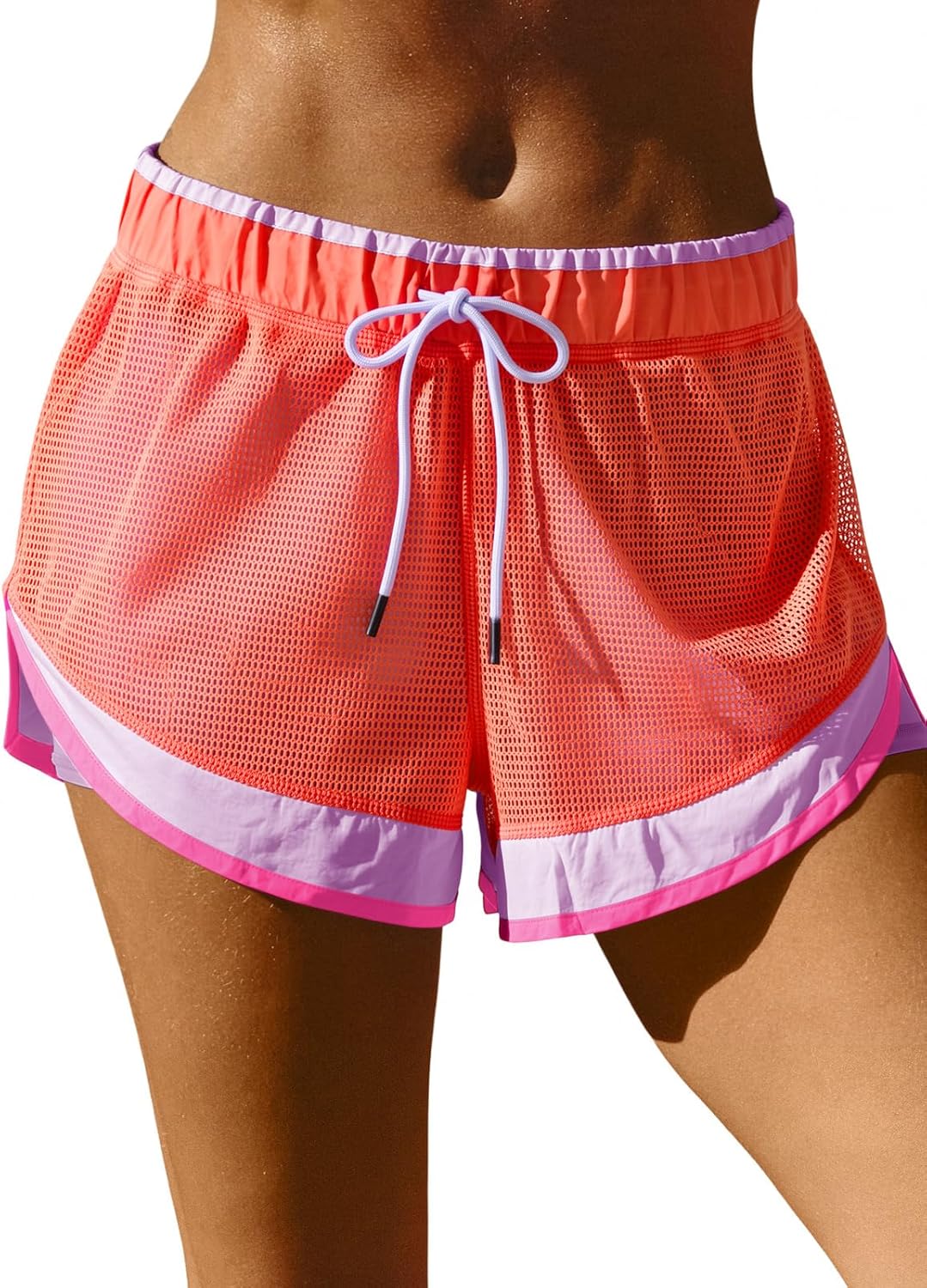Fisoew Women Athletic Shorts 2 in 1 Running High Split Color Block Workout Yoga Mesh Shorts Pocket Drawstring