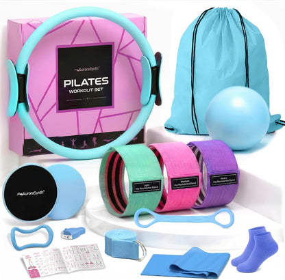 Pilates Equipment, Pilates Kit for Home Workouts, Pilates Ring and Ball Set for Women With 14.5" Pilates Ring, Ball, Resistance Bands, Sliders, Yoga Strap & Ring, Socks, Measure Tape, Stretch Band Bag