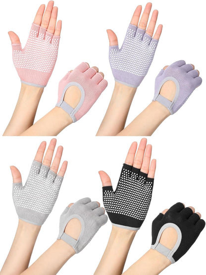 Fourluoo 4 Pairs Pilates Gloves with Grips for Women Non Slip Cotton Fingerless Silicone Yoga Gloves for Gym Exercise Workout Weight Training Mitten Fits Women Men