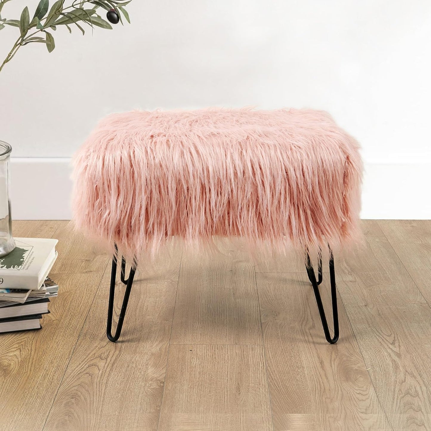 Home Soft Things Green Mongolian Faux Fur Ottoman, Desert Sage, 19'' x 13'' x 17'', Cozy Plush Fluffy Ottoman Foot Rest Stool for Living Room Bedroom Entryway Makeup Bench End of Bed Home Décor