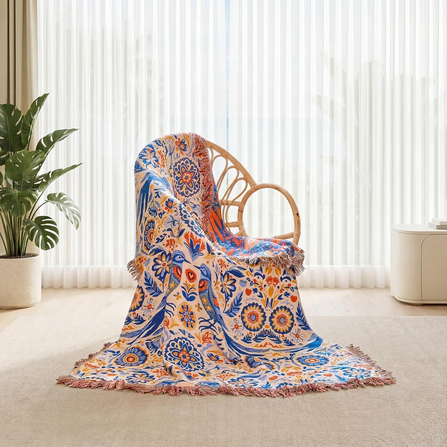 Boho Throw Blanket - 100% Cotton Soft Summer Throw Blanket for Bed, 50"x60" Reversible Breathable Lightweight Blankets, All Seasons Farmhouse Decor Floral Plant Butterfly Throw Quilt