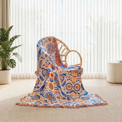 Boho Throw Blanket - 100% Cotton Soft Summer Throw Blanket for Bed, 50"x60" Reversible Breathable Lightweight Blankets, All Seasons Farmhouse Decor Floral Plant Butterfly Throw Quilt