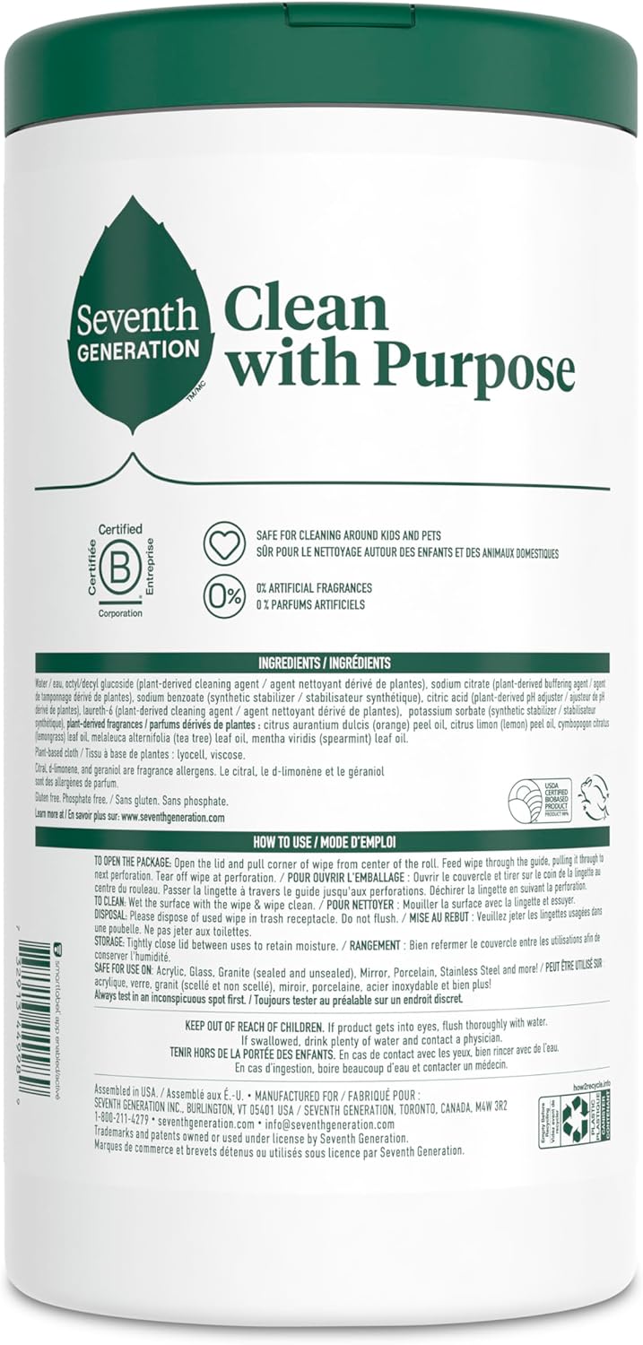 Seventh Generation Multi-Surface Wipes, 70 Count, Pack of 3, Garden Mint, Plant-Based Cleaning Wipes, No Harsh Fumes or Residue, Safe Around Kids