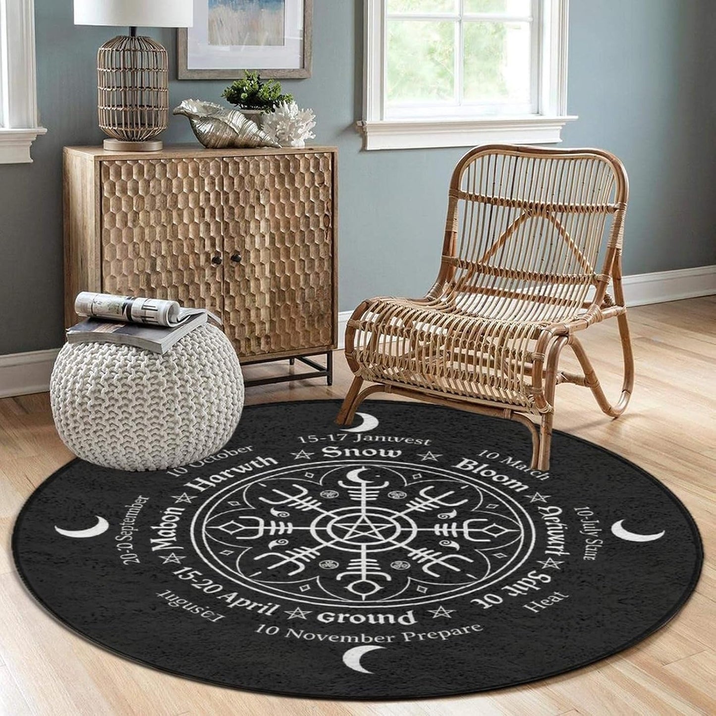 Soft Round Yoga Carpet, Large Home Decor Mat, Non-Slip Machine Washable Kitchen Office Circle Rug Compatible with Cool Norse Viking Vegvisir Runic Compass