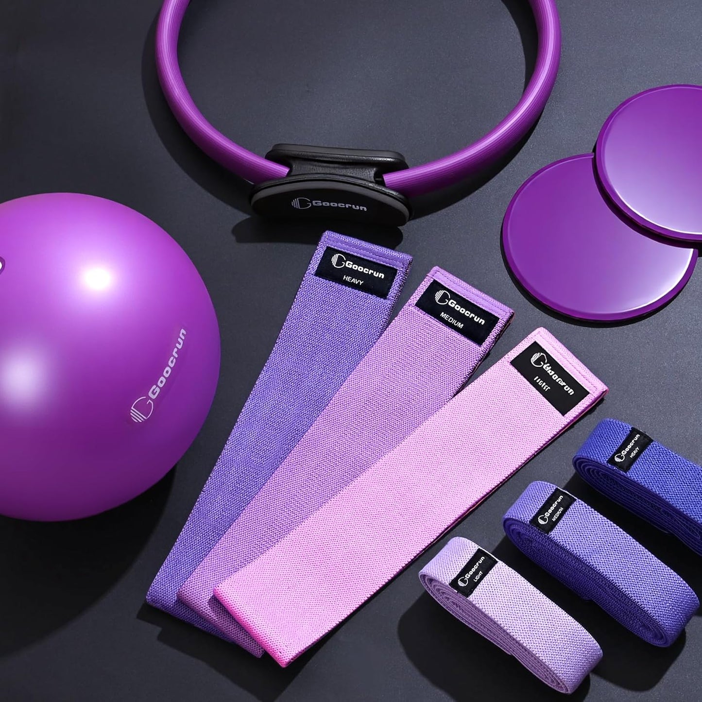 Goocrun Pilates Ring Set Exercise Equipment, with Exercise Resistance Bands Set, Pilates Ball, Sliding Disks. Portable Home Gym - with Fitness Guide Poster