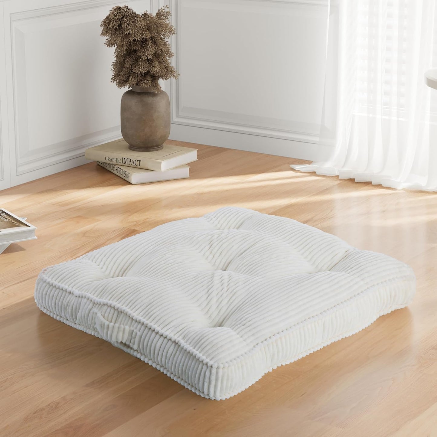Meditation Floor Cushion, 22x22 Tufted Floor Pillow for Adults, Square Large Meditation Cushion Pillow, Green Corduroy Sitting with Handle, Yoga Seating for Tatami, 1Pack