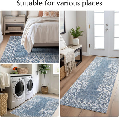 jinchan Area Rug 4x6 Ultra-Thin Washable Vintage Boho Geometric Entryway Rug Non-Slip Non-Shedding Carpet for Living Room Bedroom Blue Ivory