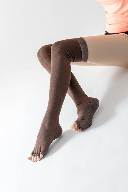 Verdancy Yoga Pilates Toe Socks - Toeless With Grips for Women, Non-Slip Cushioned Over Knee Thigh High