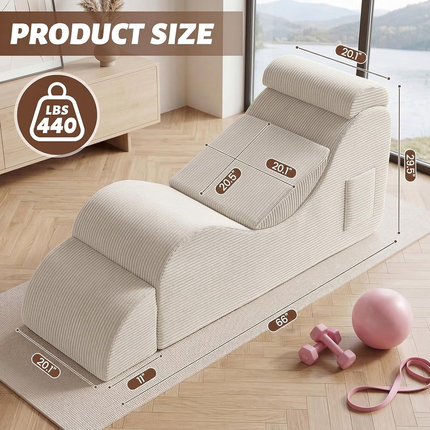 Yoga Chair Lounge for Adult, Ergonomic Foam Chaise Lounge Chair Indoor with Side Pocket, Headrest, Waist Pad, Ottoman, Perfect for Stretching, Massage, and Relaxation, No Assembly Required(Black)