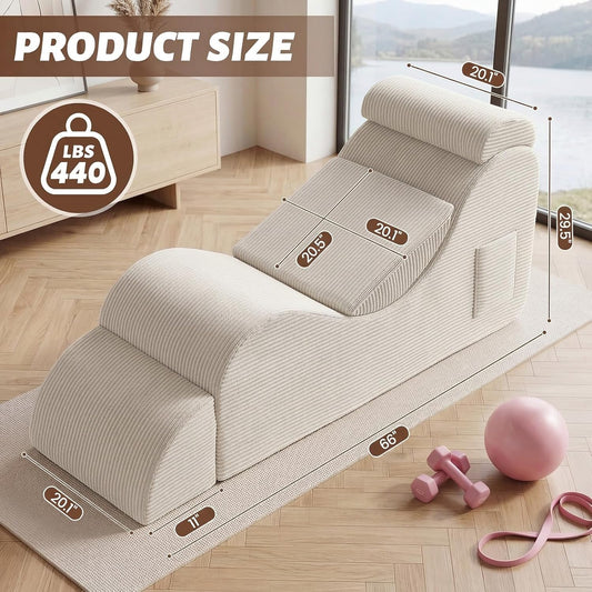 Yoga Chair Lounge for Adult, Ergonomic Foam Chaise Lounge Chair Indoor with Side Pocket, Headrest, Waist Pad, Ottoman, Perfect for Stretching, Massage, and Relaxation, No Assembly Required(Black)