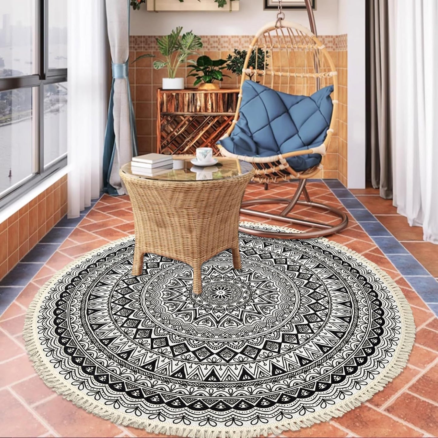 Boho Rug 5Ft Round Bedroom Carpet Circle Nonslip Farmhouse Area Rug Rustic Mandala Floor Mat for Living Room Locker Room Tassel Yoga Throw Rugs Washable Doormat, Purple