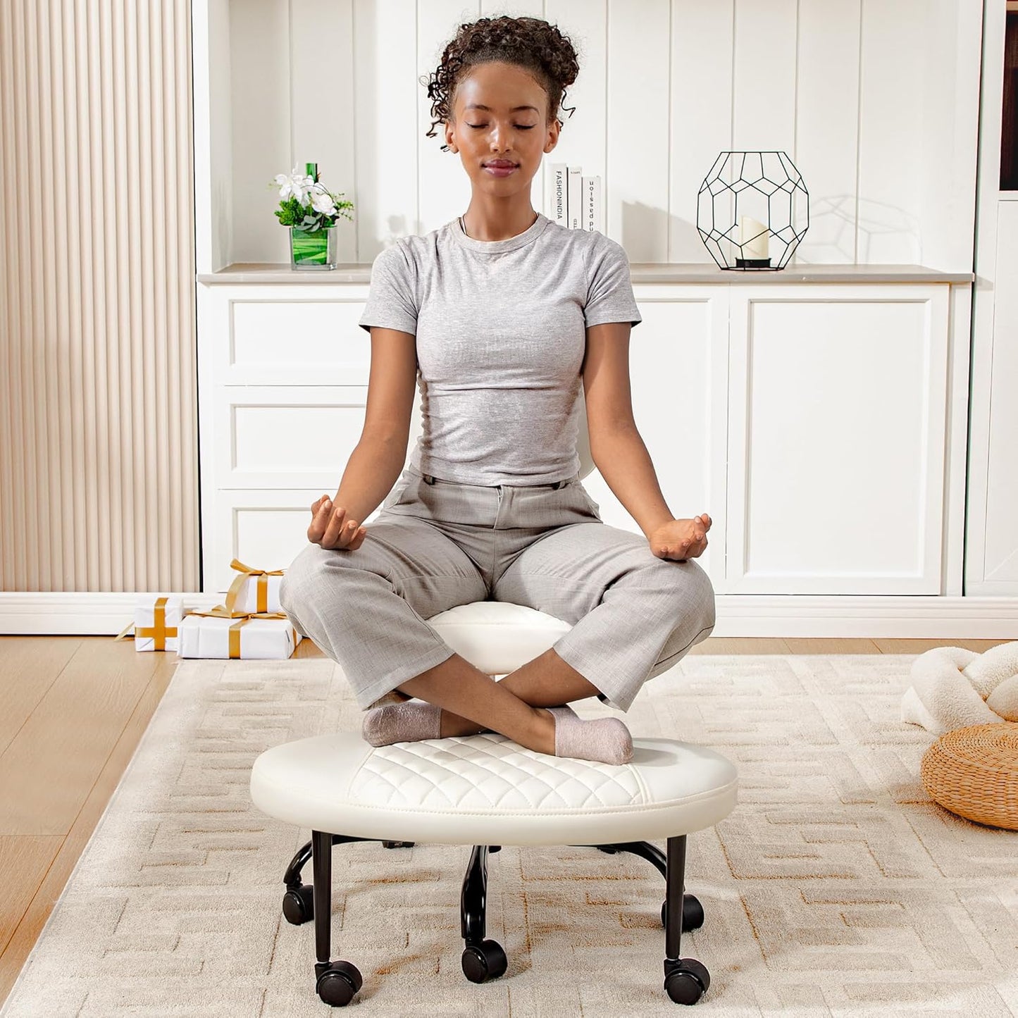 AtHope Ergonomic Cross Legged Office Chair with Wheels - Adjustable Height for Meditation, ADHD Desk & Yoga - Wide Criss Cross Design with Lumbar Support, Kneeling Chair - Black