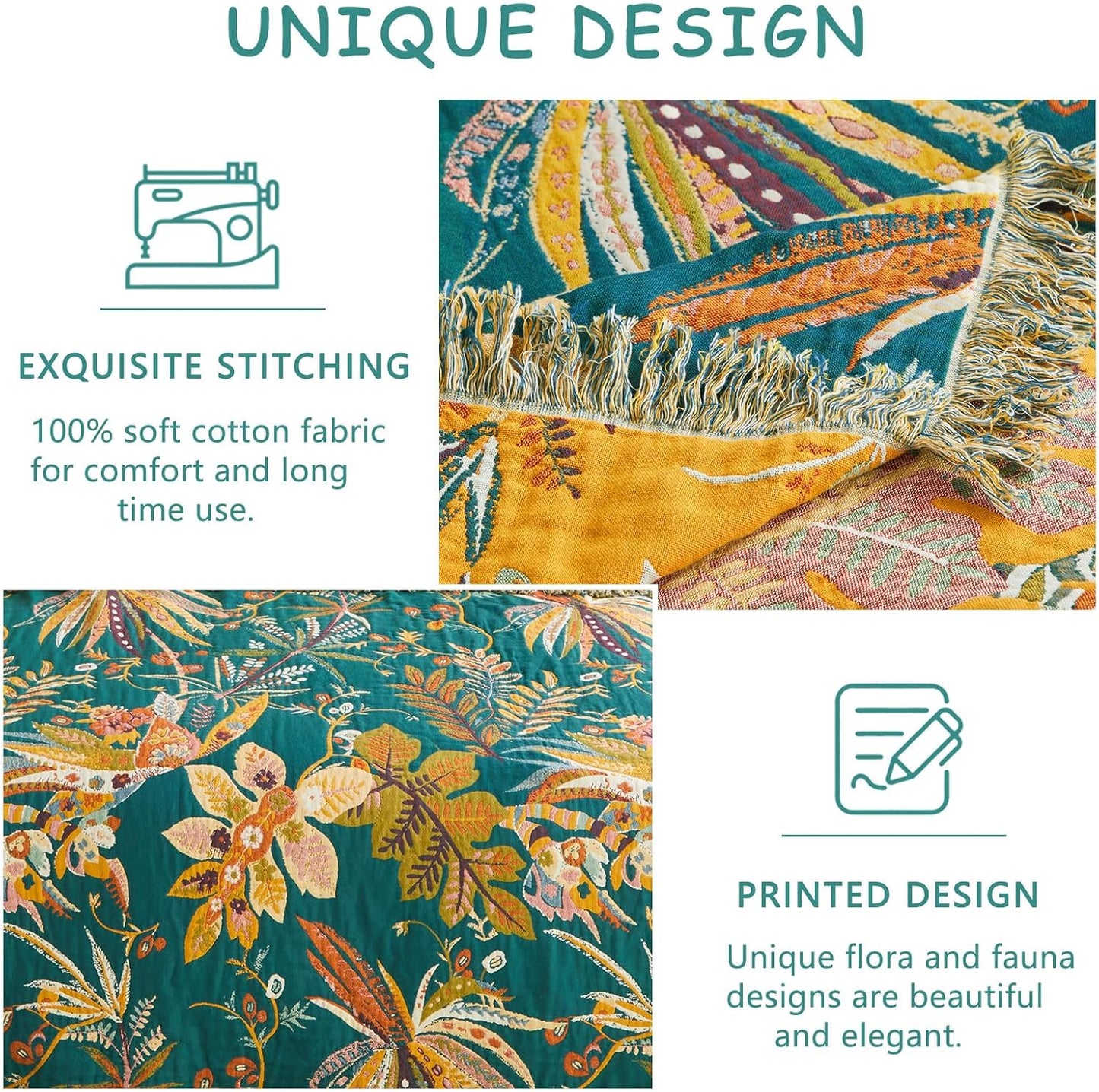 Boho Throw Blanket - 100% Cotton Soft Summer Throw Blanket for Bed, 50"x60" Reversible Breathable Lightweight Blankets, All Seasons Farmhouse Decor Floral Plant Butterfly Throw Quilt