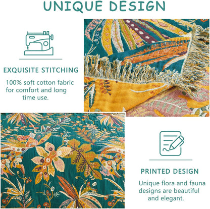 Boho Throw Blanket - 100% Cotton Soft Summer Throw Blanket for Bed, 50"x60" Reversible Breathable Lightweight Blankets, All Seasons Farmhouse Decor Floral Plant Butterfly Throw Quilt