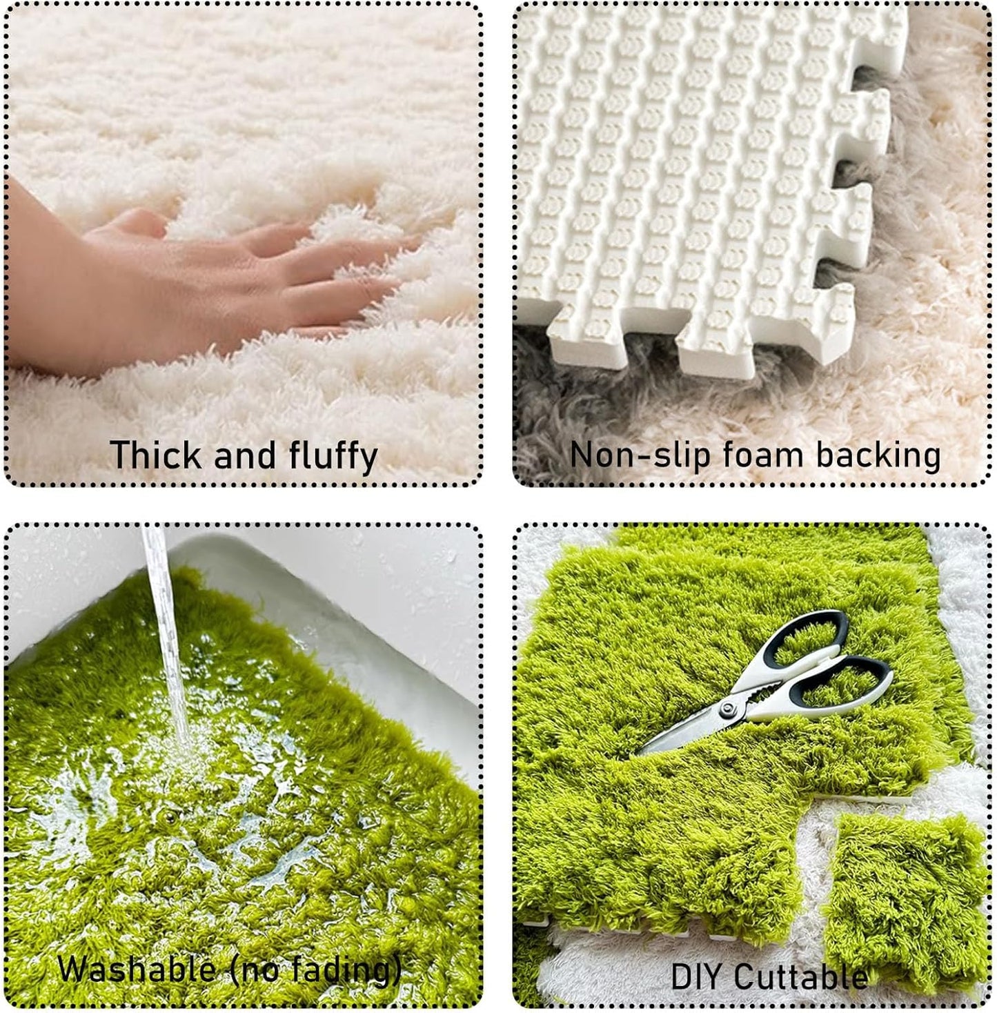 Thickened Plush Foam Interlocking Floor Carpet Mat, 24 Piece 12x12in Fluffy Square Puzzle Foam Carpet Tiles with Edgings, Soft Anti-Slip Shaggy Area Rug Playmat (Green+White)