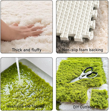 Thickened Plush Foam Interlocking Floor Carpet Mat, 24 Piece 12x12in Fluffy Square Puzzle Foam Carpet Tiles with Edgings, Soft Anti-Slip Shaggy Area Rug Playmat (Green+White)