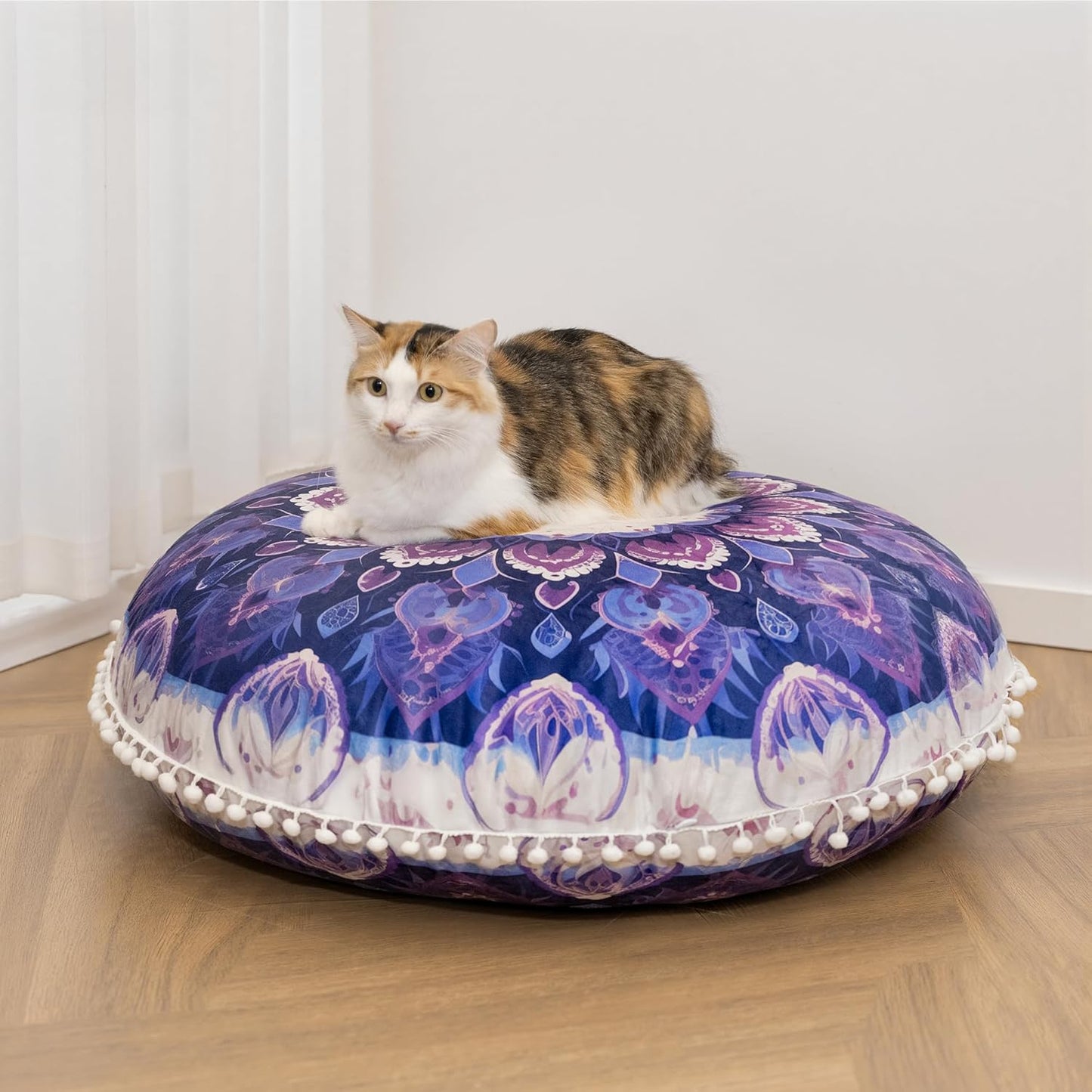 Meditation Cushion 32 Inch Round, Large Floor Pillow Seating for Adults, Bohemian Mandala Yoga Cushion, Extra Thick Memory Foam Removable Washable Cover, Ideal Gift & Holiday Decor, Blue