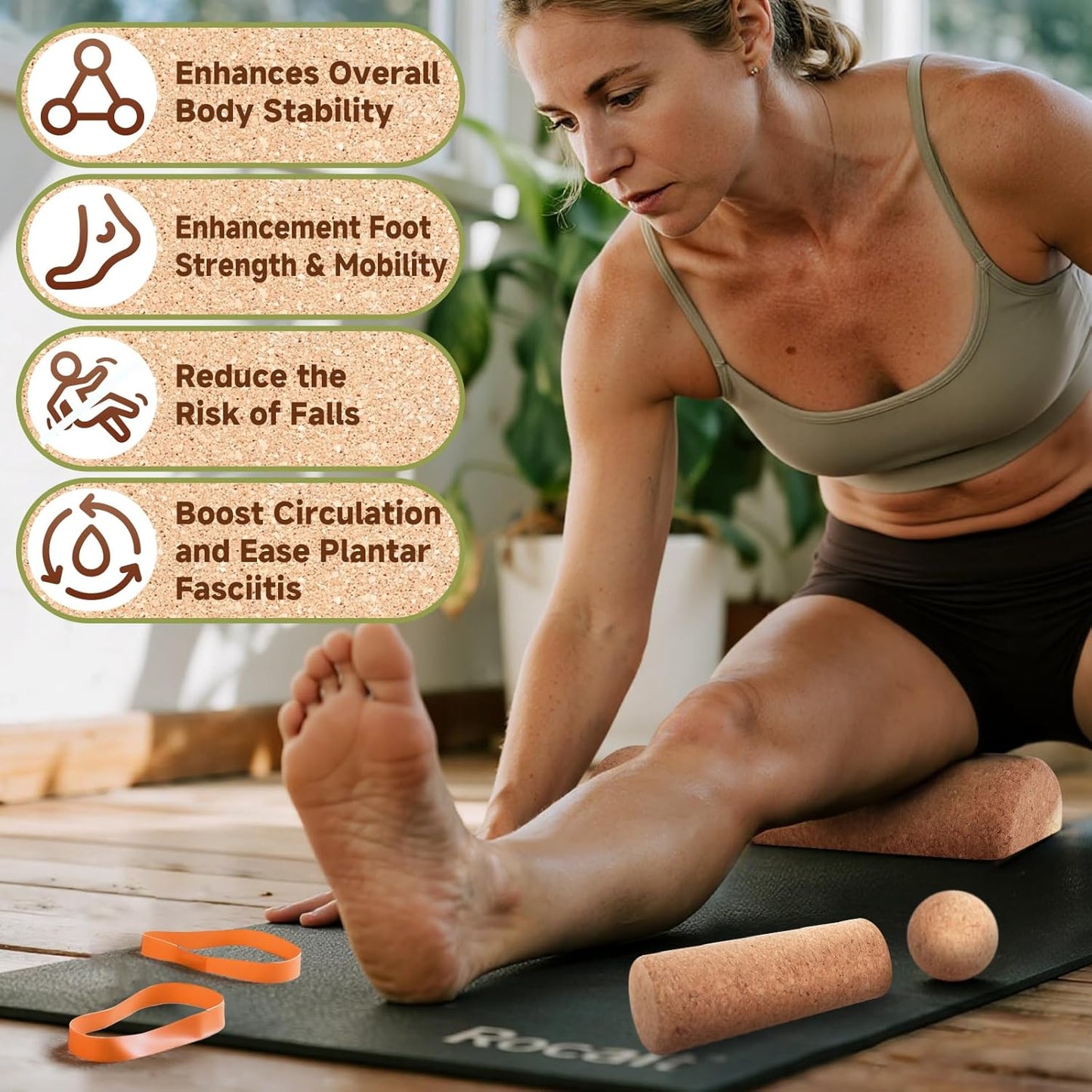 Rocalt Cork Balance Board, Premium Cork 4-in-1 Foot & Ankle Strengthener Kit, Balance Trainer with Massage Roller & Ball, Toe Resistance Bands, Storage Bag & Exercise Guide for Enhance Mobility, Improve Foot Function, Prevent Falls
