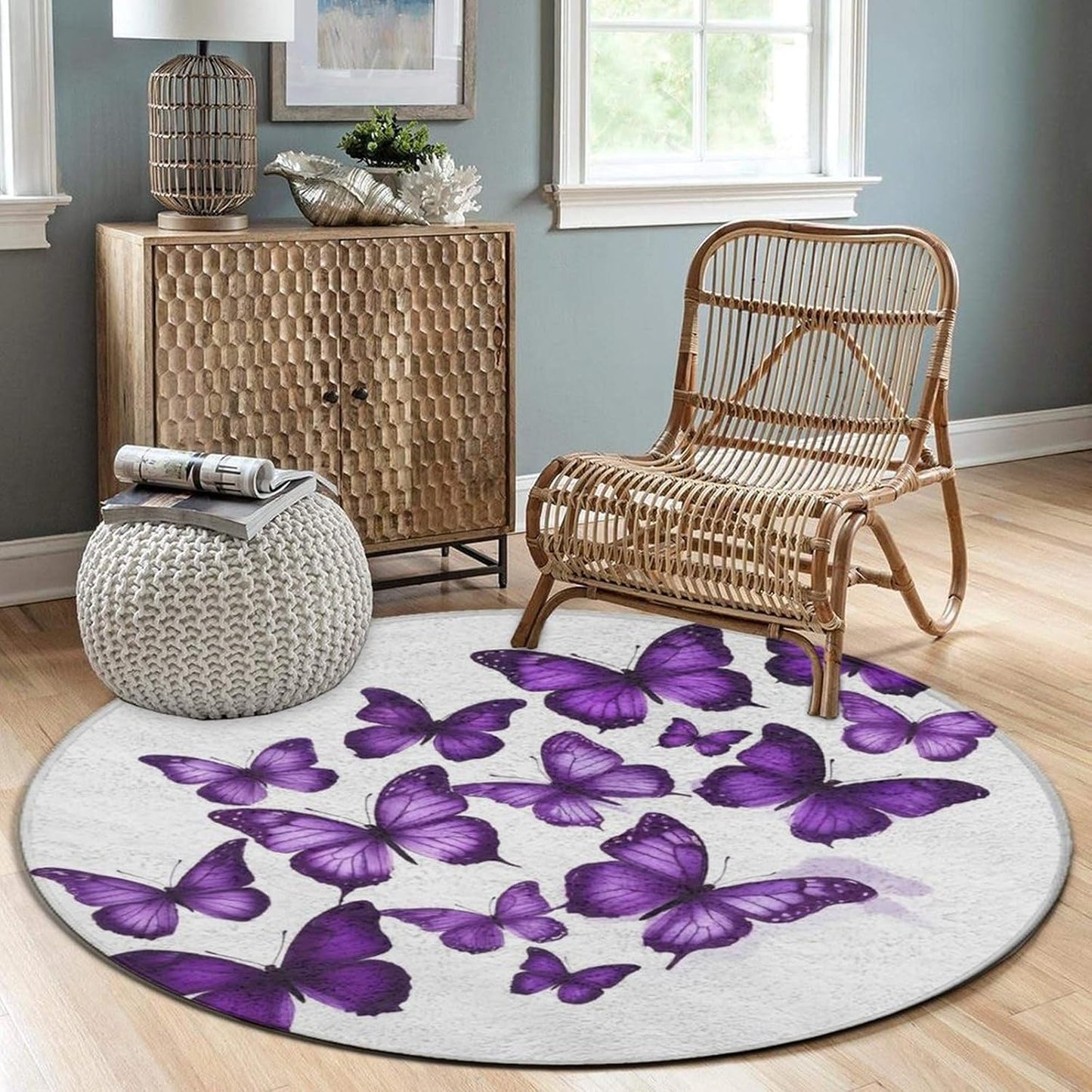 Soft Round Yoga Carpet, Office Chair Decor Round Mat for Carpet and Hardwood Floors Purple Butterfly