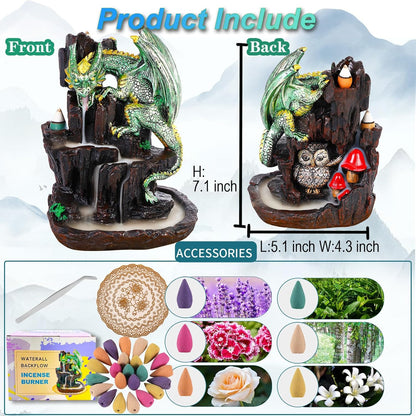 Dragon Backflow 2 Sided Mountain Waterfall Incense Burner,Fountain Smoke Incense Holder with Backflow Incense Cones, Tweezers, Mat，Resin Aromatherapy Meditation (Green)