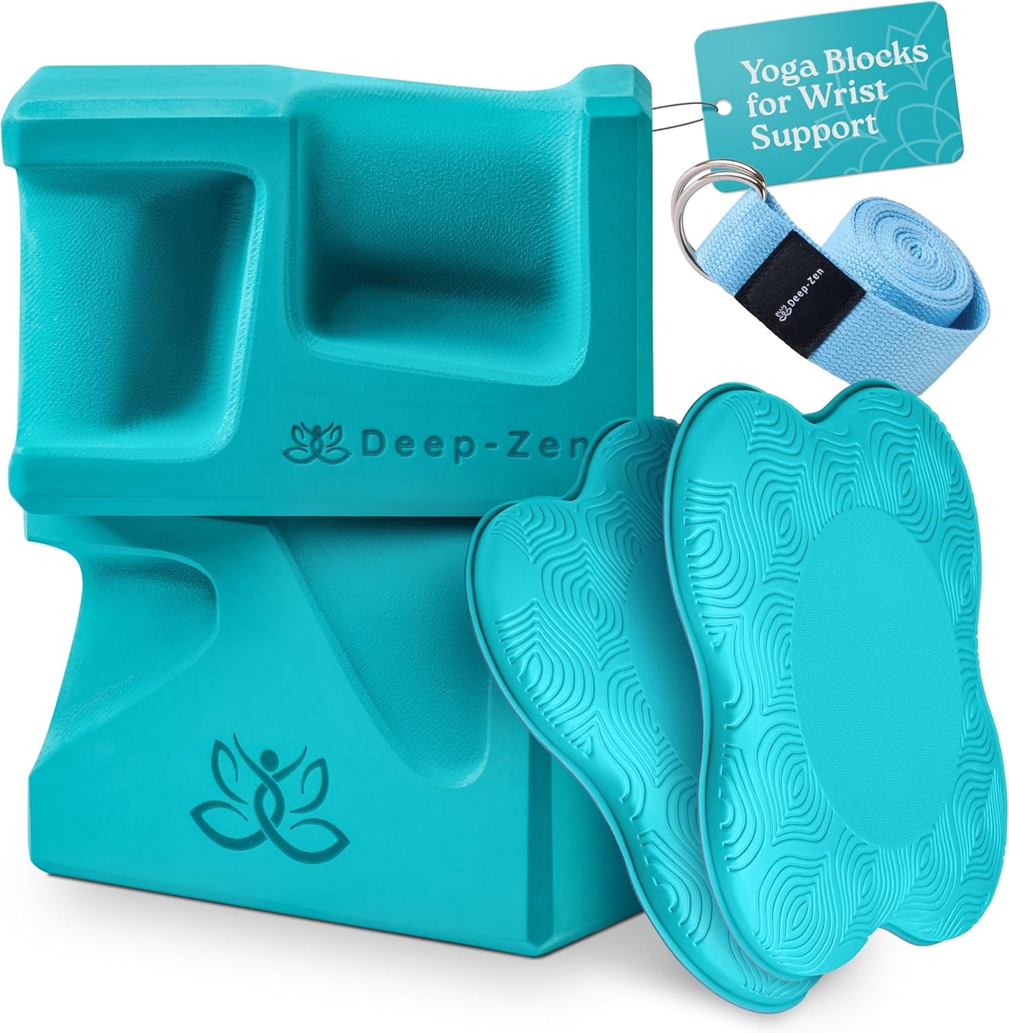 PRO Yoga Blocks | Ergonomic Yoga Block 2 Pack for Wrist Comfort and Support | EVA Foam Exercise Blocks, 2x Knee Pads & Yoga Strap | Pilates Block Set | Bricks to Eliminate Wrist Pain