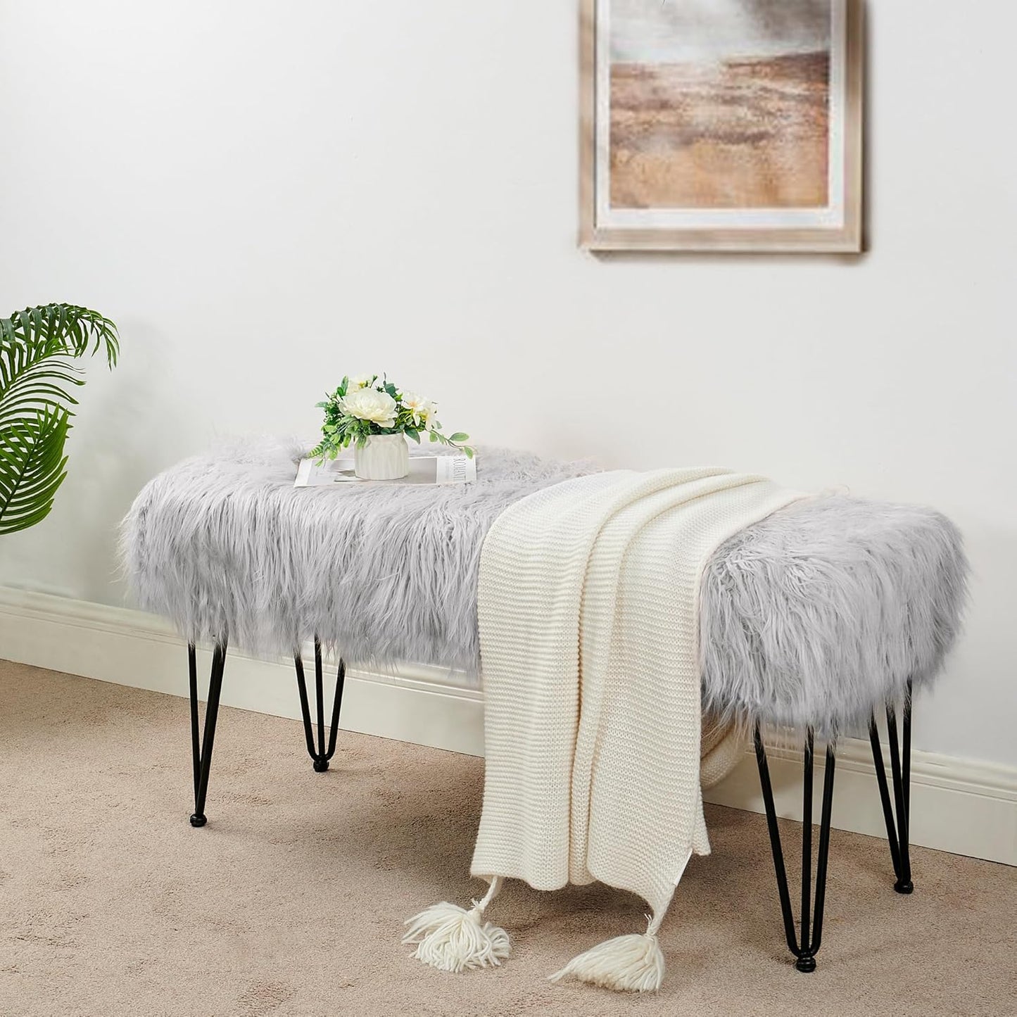 Home Soft Things Green Mongolian Faux Fur Ottoman, Desert Sage, 19'' x 13'' x 17'', Cozy Plush Fluffy Ottoman Foot Rest Stool for Living Room Bedroom Entryway Makeup Bench End of Bed Home Décor