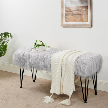 Home Soft Things Green Mongolian Faux Fur Ottoman, Desert Sage, 19'' x 13'' x 17'', Cozy Plush Fluffy Ottoman Foot Rest Stool for Living Room Bedroom Entryway Makeup Bench End of Bed Home Décor