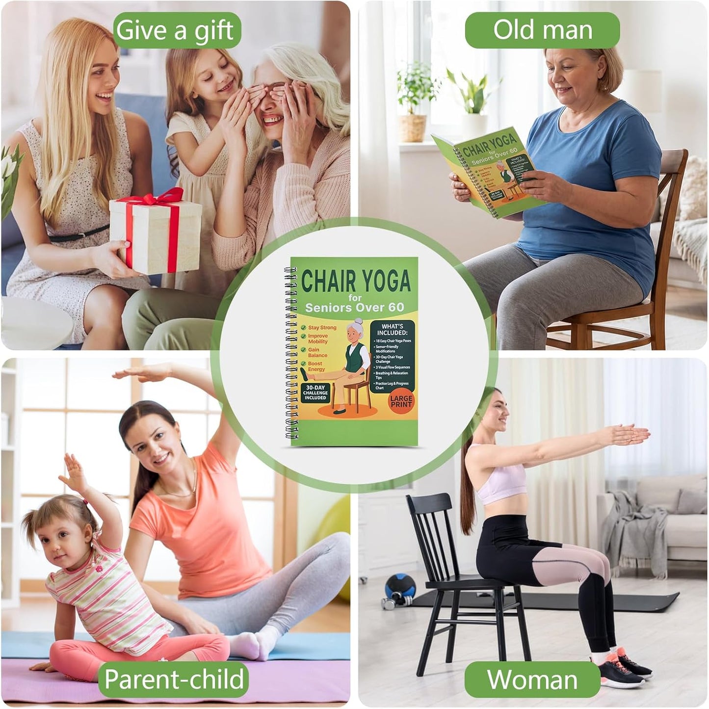 Chair Yoga for Seniors Over 60 Book & Chart – 30-Day Challenge, Gentle Seated Yoga Guide, Chair Yoga for Weight Loss & Flexibility, Senior Chair Exercises for Women & Men，Top Choice for Family Gifts (Purple)