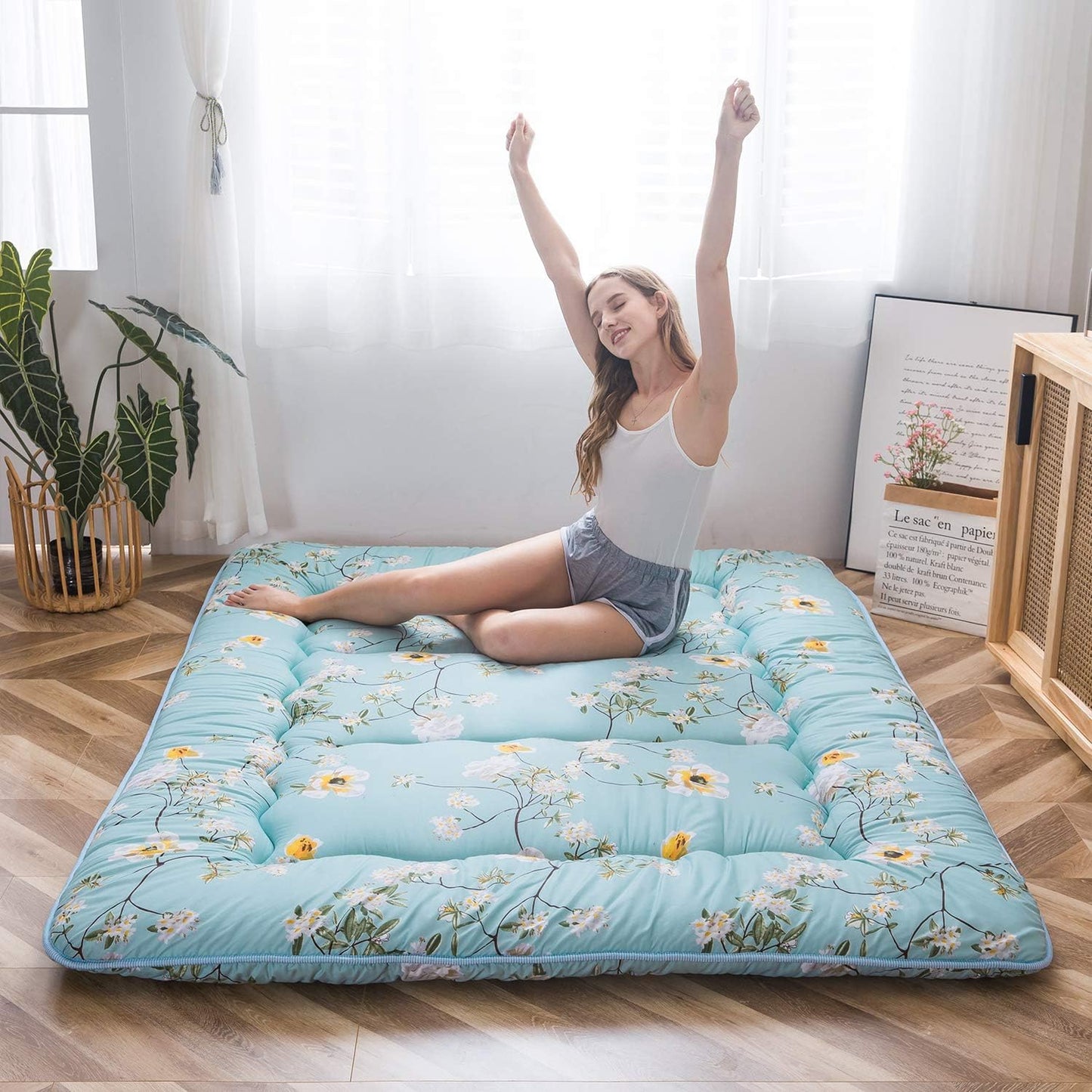 MAXYOYO Bohemian Retro Mattress Boho Floral Japanese Futon Mattress Tatami Floor Mat Foldable Portable Camping, Sleeping Pad, Lounger Couch Bed Full Size