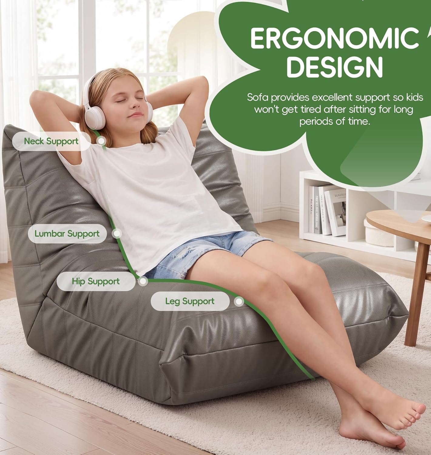 Hobestluk Giant Bean Bag Chair Lazy Floor Sofa, Memory Foam Fireside Sofa for Adults, Big Beanbag Faux Leather Armless Chair for Living Room Bedroom Dorm Office (Brown, Single)