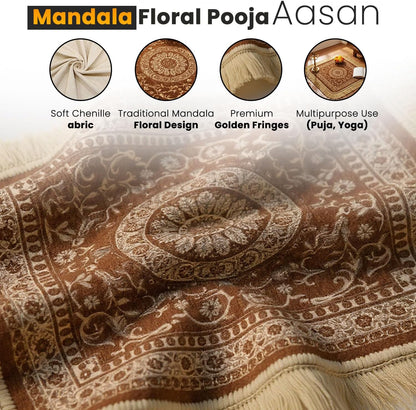 Soft Chenille Prayer Mat | Traditional Mandala Floral Pooja Aasan with Golden Fringes | Multipurpose Square Rug for Meditation, Yoga, Puja Room & Home (Red, 2x2 Feet)