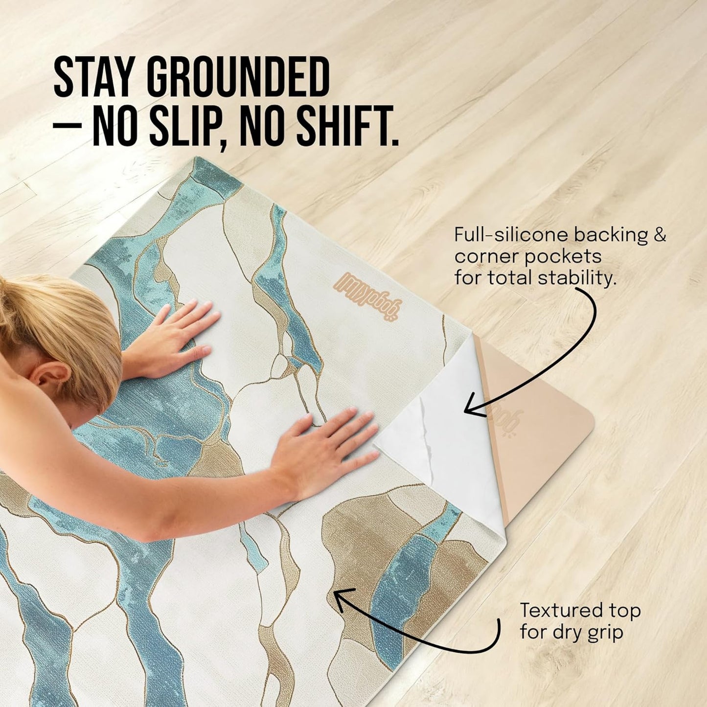 gogoKIWI Large Yoga Towel 72"x48" - Non-Slip Hot Yoga Towel with Corner Pockets & Full Silicone Backing, Printed Carpet-Style Design for Home Workouts, Pilates & Yoga