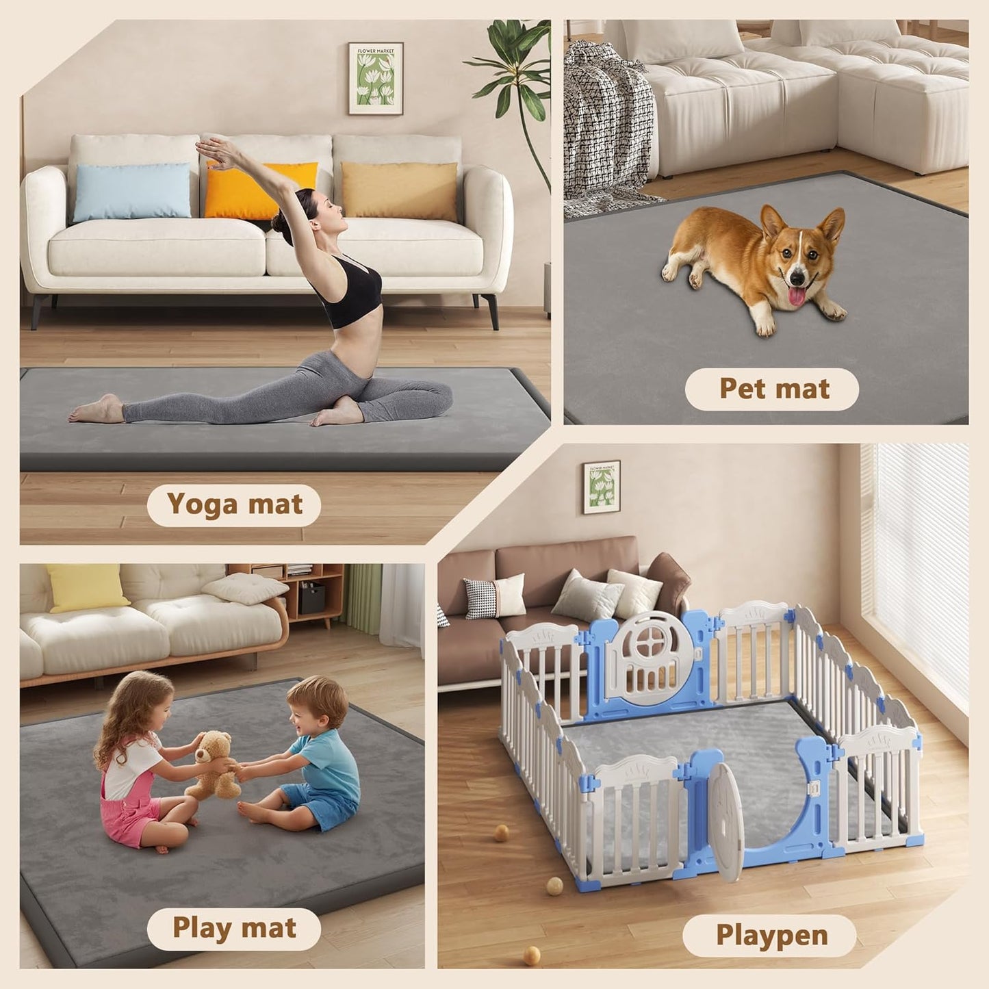 Baby Play Mat for Floor, 1.3'' Thick Memory Foam Tummy Time Mat - Super Soft Coral Velvet Nursery Rug with Non-Slip Backing, Crawling Rug for Toddlers/Infants, Yoga & Tatami Use, Oatmeal, 79''x 118''