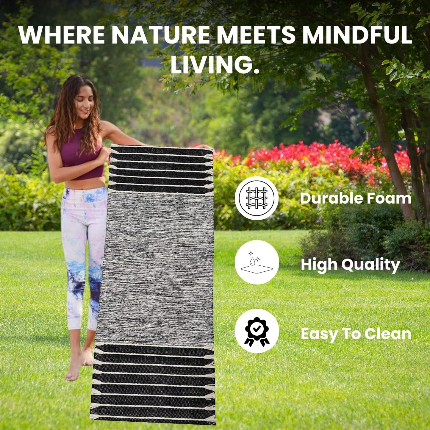 Indian Handmade100 % Organic Anti Skid Multi Colour Cotton Yoga Mat - Eco-Friendly Hand-Woven Rug - Non-Slip & Thick (24”x72”x5mm) for Hot yoga & Everyday Fitness at Home - Comfortable & Foldable Extra-Long Mat
