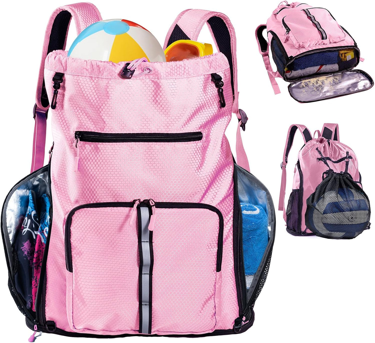 Large Beach Backpack Waterproof Sandproof - Customized Oversized Drawstring Pool Bag with Shoe Compartment for Toiletries, Towels, Gym, Travel