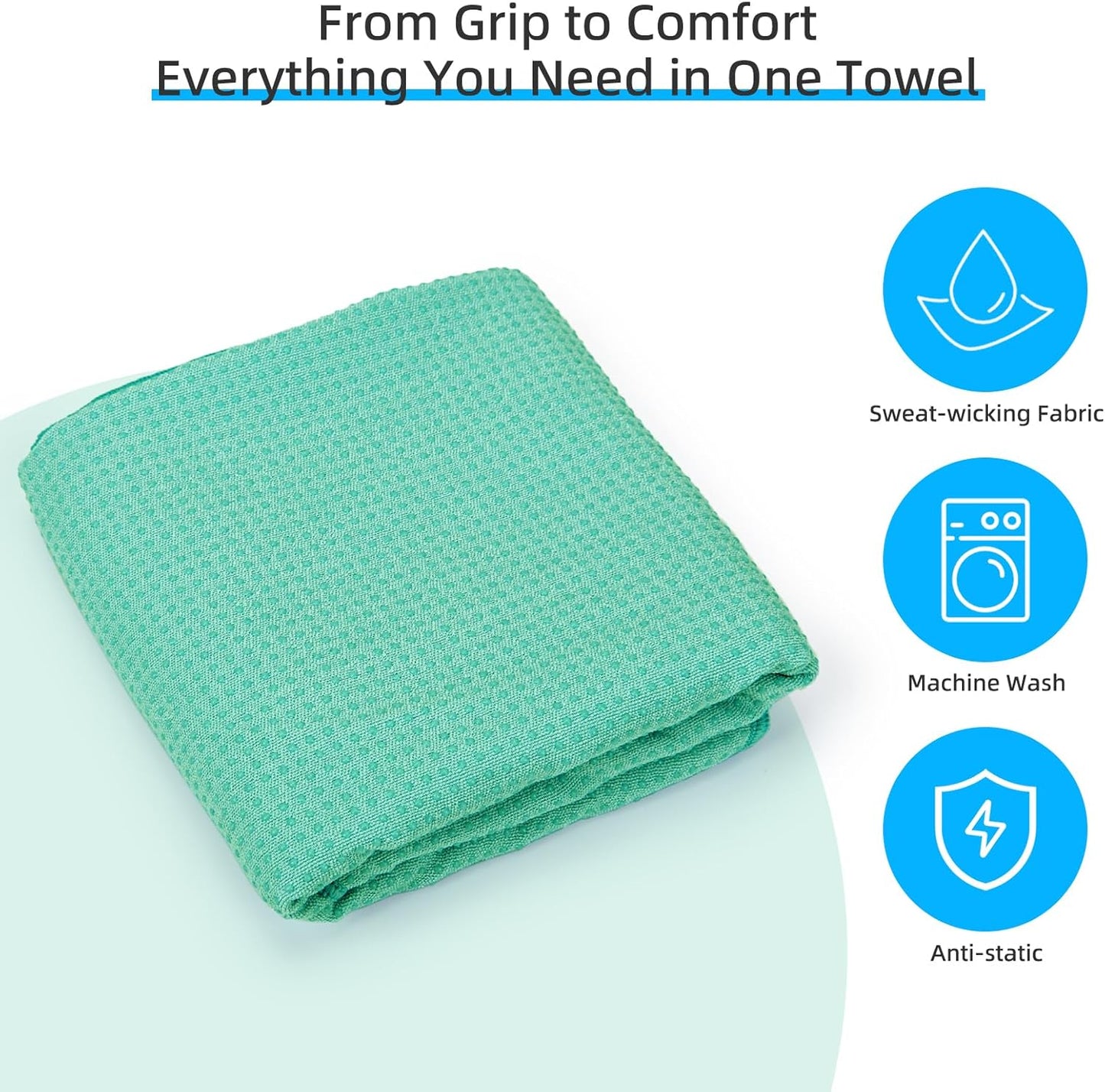 YESLIFE Non-Slip Extra Thick Hot Yoga Towel with One Sweat Towel, Microfiber Sweat Absorbent Yoga Mat Towel with Grip Dot, Pilates Mat, 72" x 24", Light Blue