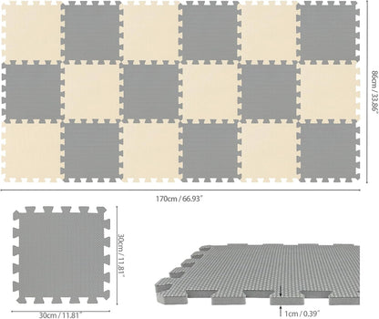 qqpp EVA Rubber 18 Tiles Interlocking Puzzle Foam Floor Mats - Baby Play Mat for Playing | Exercise Mat for Home Workout. White, Pink, Gray. QC-ACLb18N
