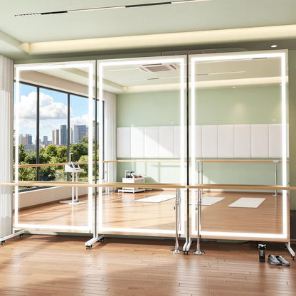 Hasipu Home Gym Mirror with Light 360° Swivel on Wheels, 79" x 32" Extra Large Full Length Rolling LED Mirror for Yoga Studio, Bedroom, Dancing Studio, White